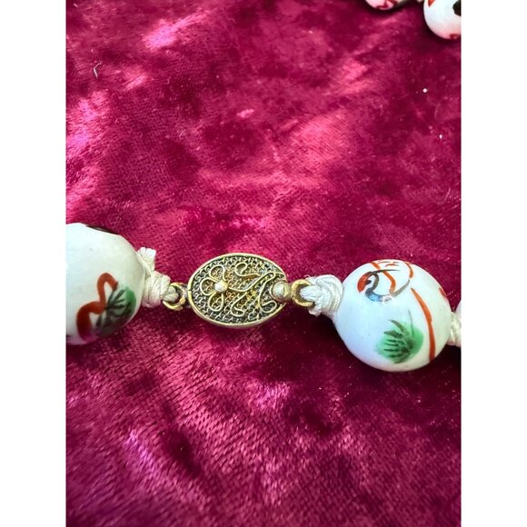 50s Chinoiserie Porcelain Hand Painted Beads Hand Knotted Silk Thread - Picture 4 of 8